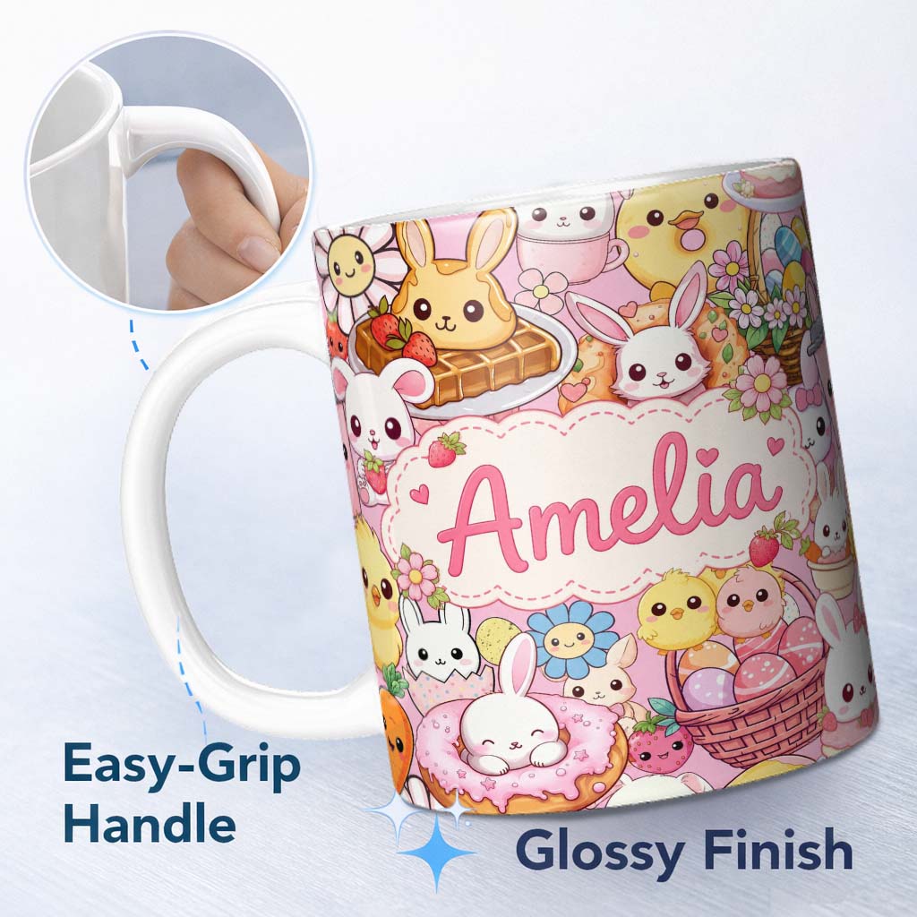 Personalized Custom Name Cute Easter Bunny Chick Donut Basket Pink Background Seamless 11oz Ceramic Coffee Tea Mug White Large Handle