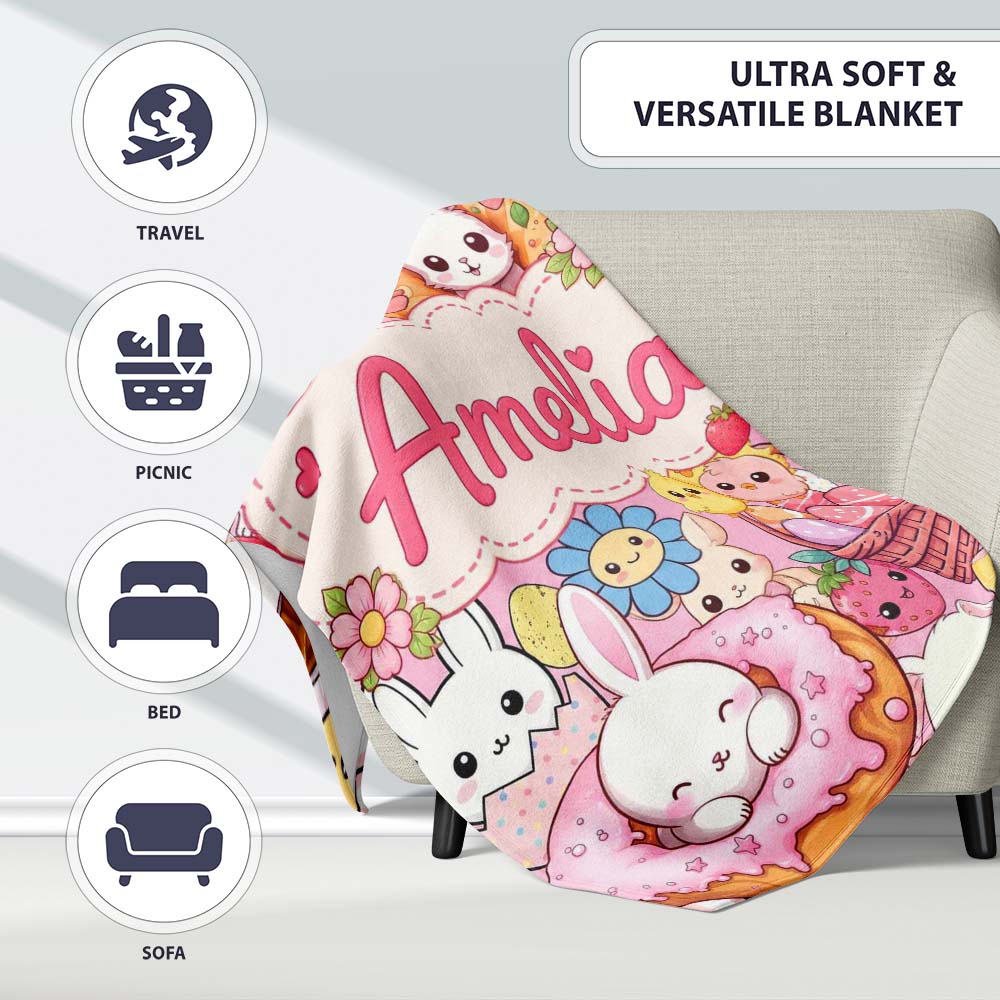 Cute Easter Bunny Chick Donut Basket Pink Background Seamless Personalised Custom Name Super Soft Fleece Blanket Bed Sofa Throw