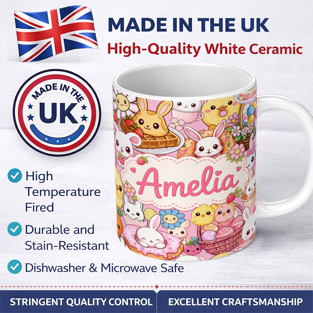 Personalized Custom Name Cute Easter Bunny Chick Donut Basket Pink Background Seamless 11oz Ceramic Coffee Tea Mug White Large Handle