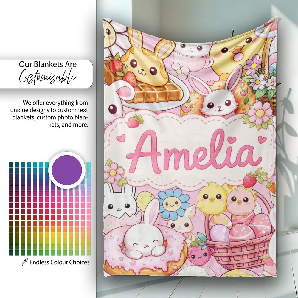 Cute Easter Bunny Chick Donut Basket Pink Background Seamless Personalised Custom Name Super Soft Fleece Blanket Bed Sofa Throw