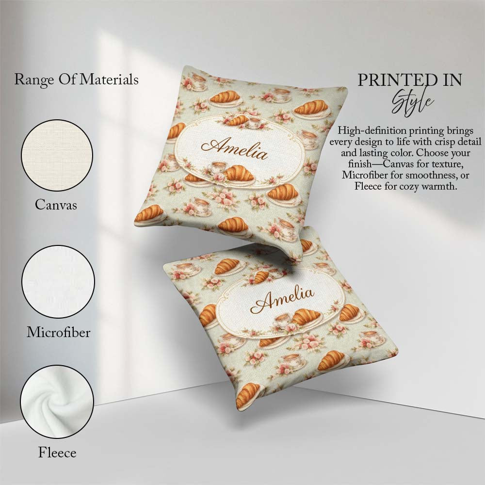 Custom Name Croissant Strawberry Dessert Seamless Pattern Bakery Square Filled Cushion Throw Pillow Sofa Bed Home Decor Zip Washable UK Made