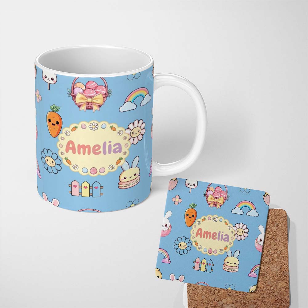 Personalized Custom Name Easter Chick Bunny Carrot Rainbow Fence Kawai Blue Background 11oz Ceramic Coffee Tea Mug White Large Handle