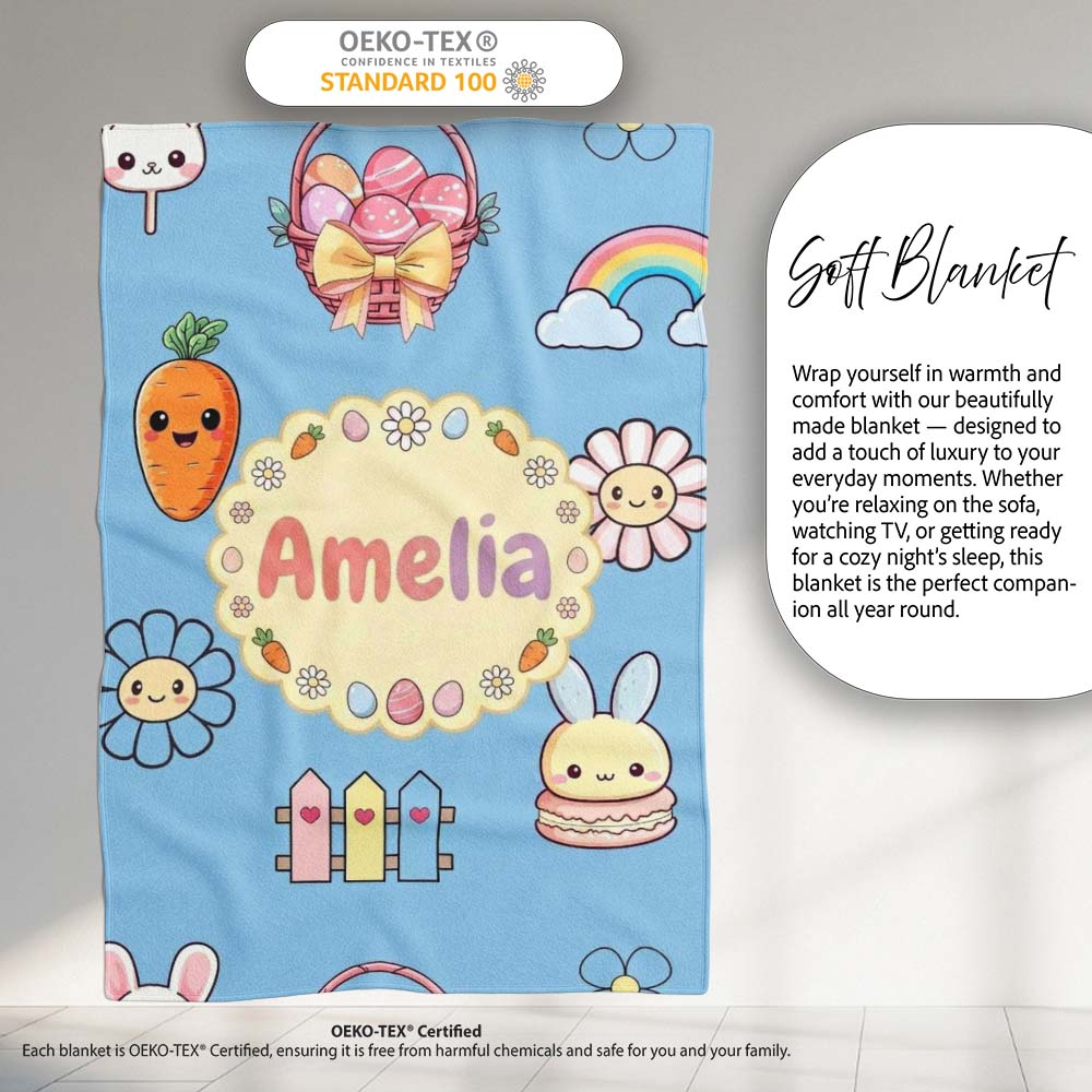 Easter Chick Bunny Carrot Rainbow Fence Kawai Blue Background Personalised Custom Name Super Soft Fleece Blanket Bed Sofa Throw