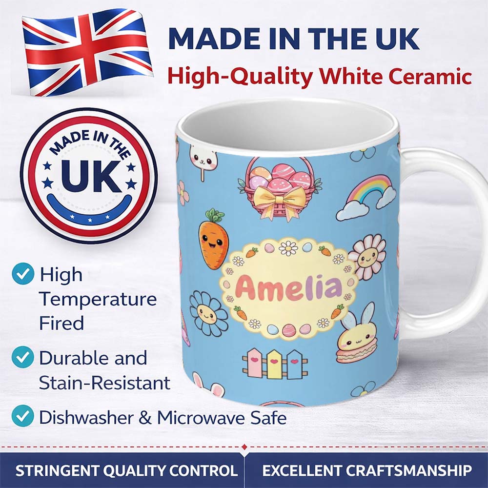 Personalized Custom Name Easter Chick Bunny Carrot Rainbow Fence Kawai Blue Background 11oz Ceramic Coffee Tea Mug White Large Handle