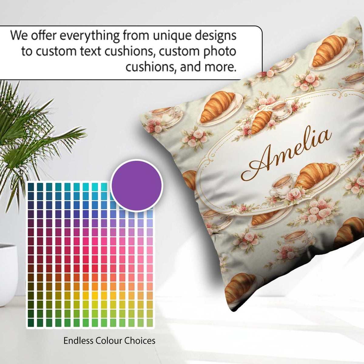 Custom Name Croissant Strawberry Dessert Seamless Pattern Bakery Square Filled Cushion Throw Pillow Sofa Bed Home Decor Zip Washable UK Made
