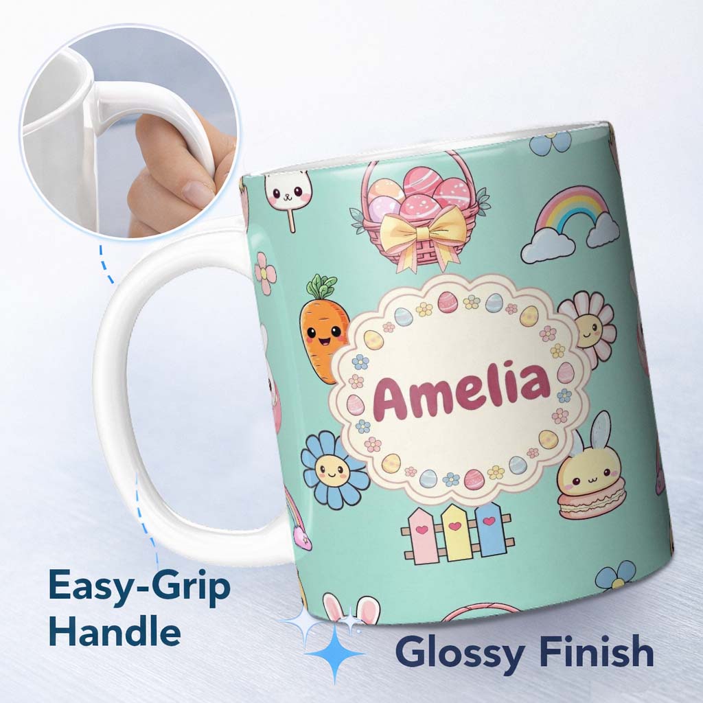 Personalized Custom Name Easter Chick Bunny Carrot Rainbow Fence Kawai Mint Background 11oz Ceramic Coffee Tea Mug White Large Handle