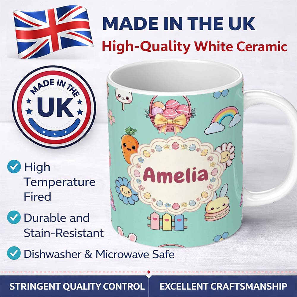 Personalized Custom Name Easter Chick Bunny Carrot Rainbow Fence Kawai Mint Background 11oz Ceramic Coffee Tea Mug White Large Handle