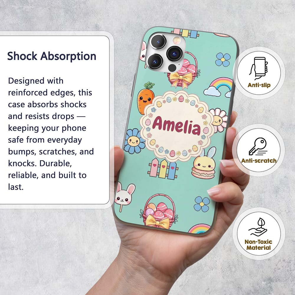 Easter Chick Bunny Carrot Rainbow Fence Kawai Custom Name Protective Phone Case Mobile Cover Durable Everyday Smartphone Shock Resistant
