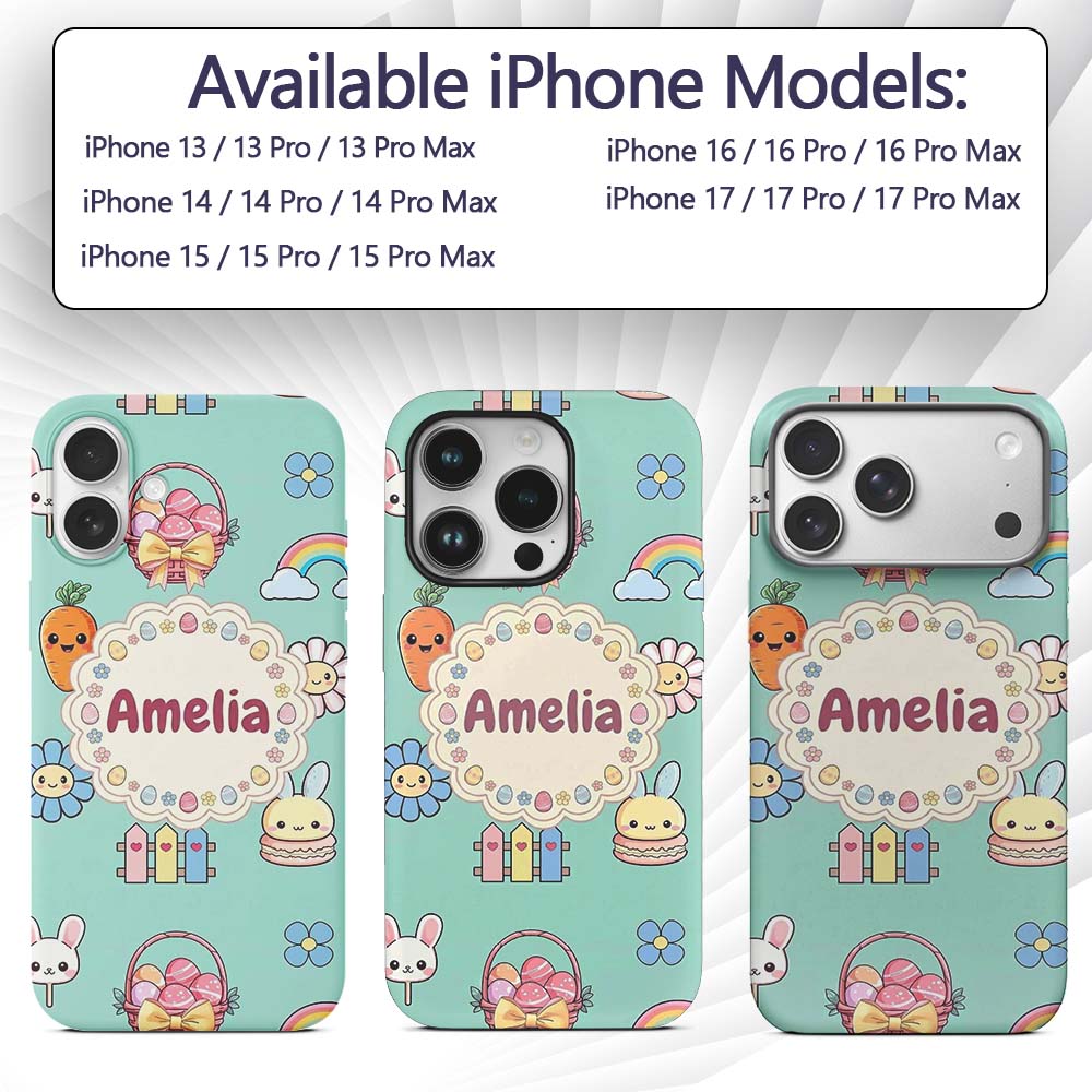 Easter Chick Bunny Carrot Rainbow Fence Kawai Custom Name Protective Phone Case Mobile Cover Durable Everyday Smartphone Shock Resistant
