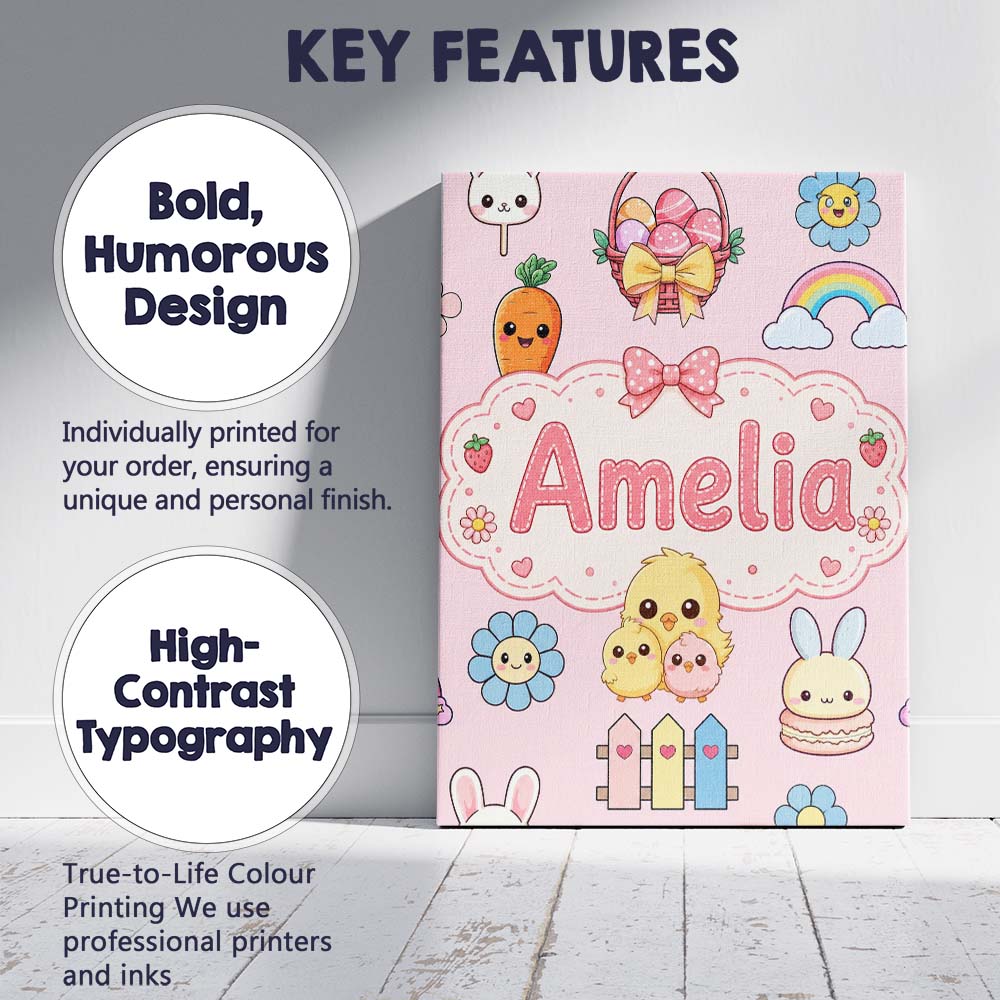 Personalised Name Easter Chick Bunny Carrot Custom Bespoke Interior Contemporary Canvas Wall Art Print Decor Picture Ready to Hang