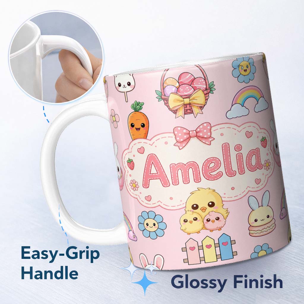 Personalized Custom Name Easter Chick Bunny Carrot Rainbow Flower Pink Background Seamless 11oz Ceramic Coffee Tea Mug White Large Handle
