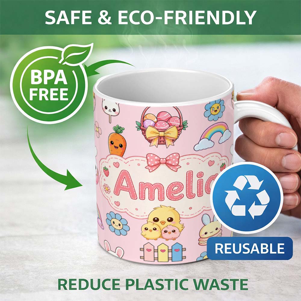 Personalized Custom Name Easter Chick Bunny Carrot Rainbow Flower Pink Background Seamless 11oz Ceramic Coffee Tea Mug White Large Handle