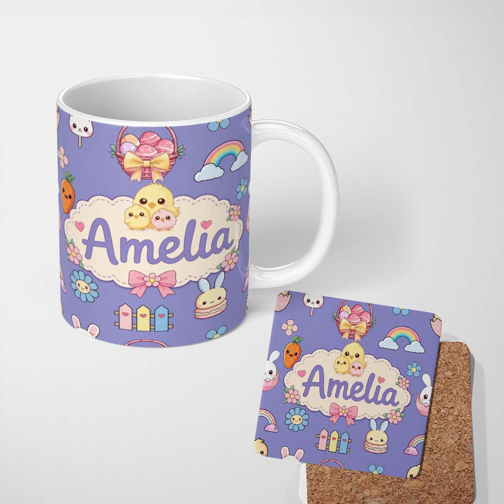 Personalized Custom Name Easter Chick Bunny Carrot Rainbow Flower Purple Background Seamless 11oz Ceramic Coffee Tea Mug White Large Handle