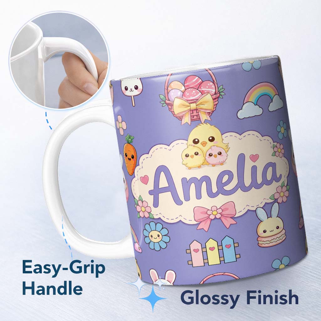 Personalized Custom Name Easter Chick Bunny Carrot Rainbow Flower Purple Background Seamless 11oz Ceramic Coffee Tea Mug White Large Handle