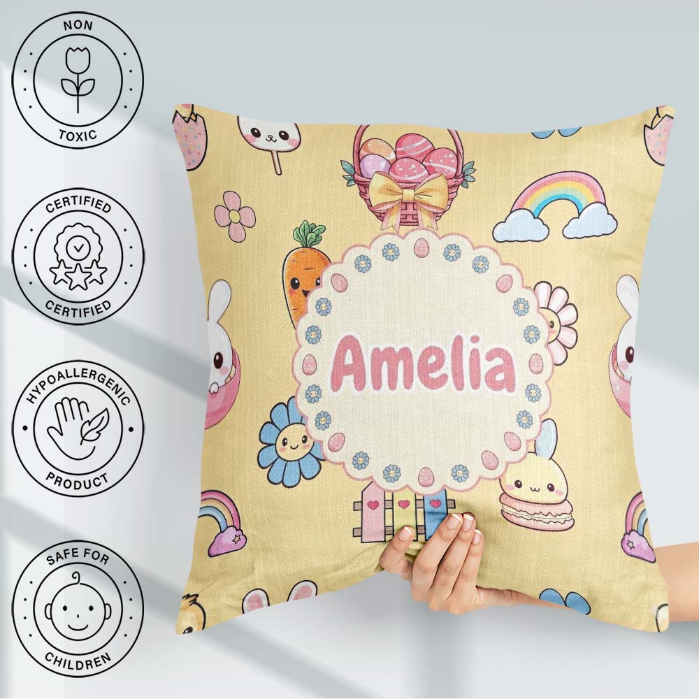 Custom Name Easter Chick Carrot Rainbow Flower Yellow Background Square Filled Cushion Throw Pillow Sofa Bed Home Decor Zip Washable UK Made