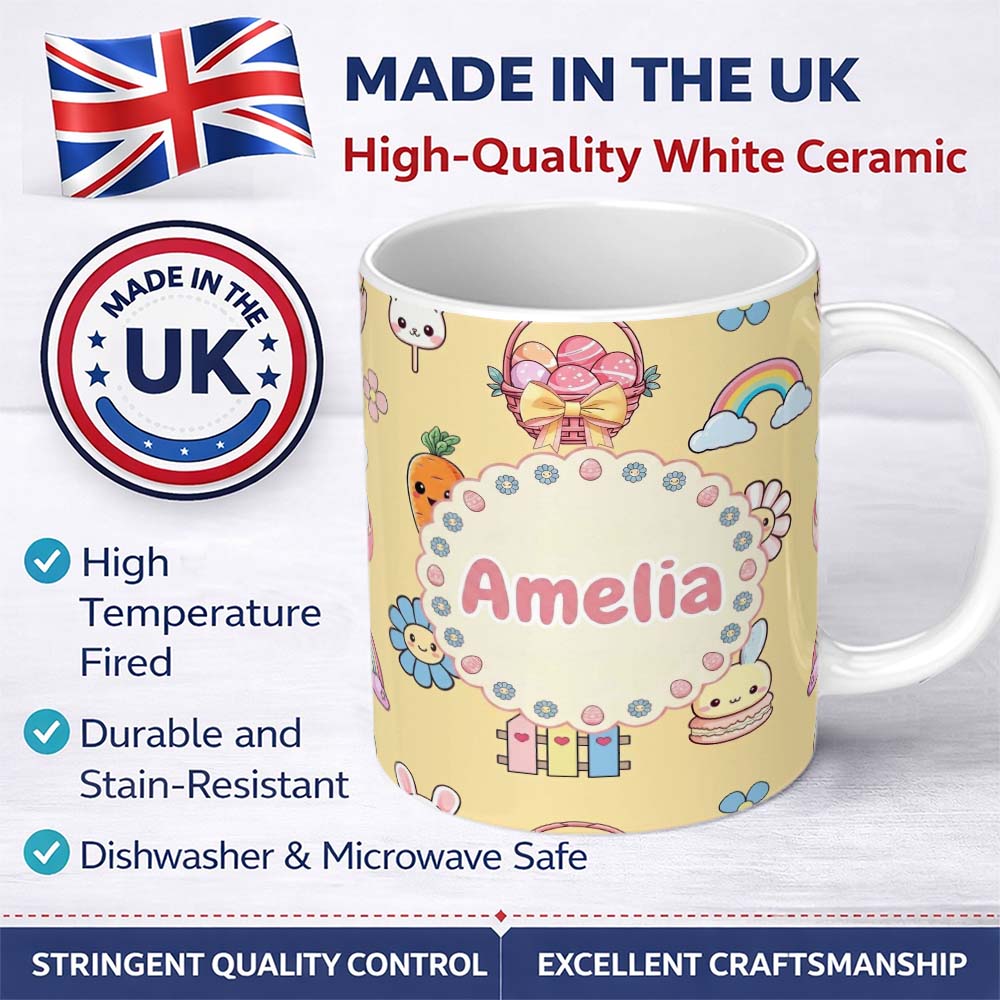 Personalized Custom Name Easter Chick Bunny Carrot Rainbow Flower Yellow Background Seamless 11oz Ceramic Coffee Tea Mug White Large Handle
