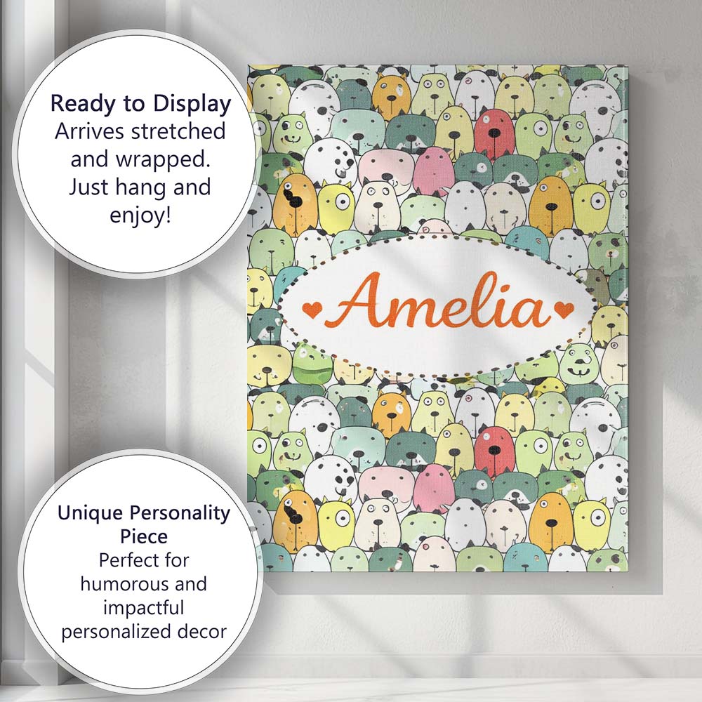 Personalised Name Cute Cartoon Dogs Crowd Multicolour Seamless Custom Modern Room Accent Canvas Wall Art Print Decor Picture Ready to Hang