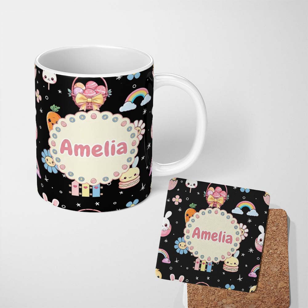 Personalized Custom Name Easter Chick Bunny Carrot Rainbow Black Starry Background Seamless 11oz Ceramic Coffee Tea Mug White Large Handle