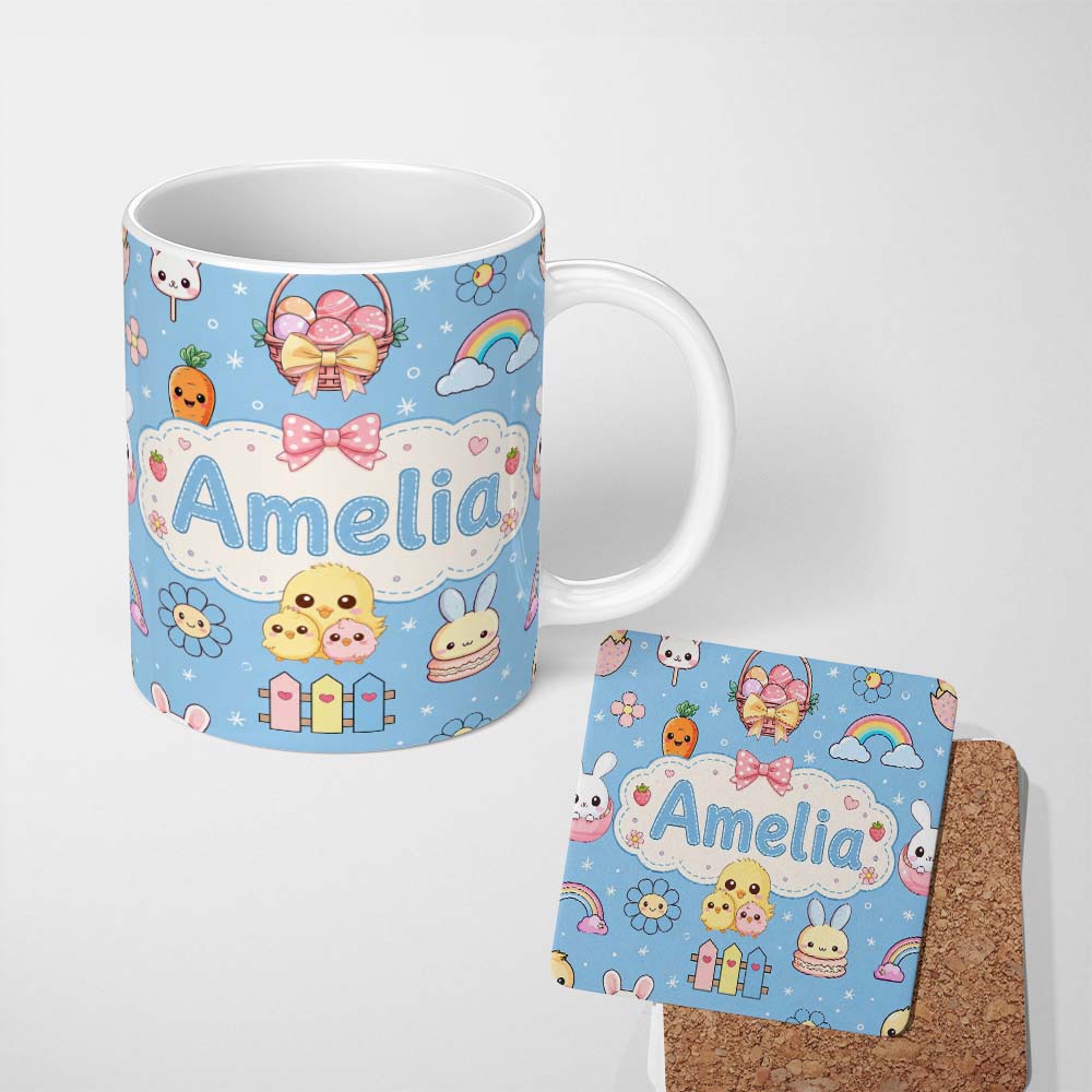 Personalized Custom Name Easter Chick Bunny Carrot Rainbow Flower Sky Blue Background 11oz Ceramic Coffee Tea Mug White Large Handle