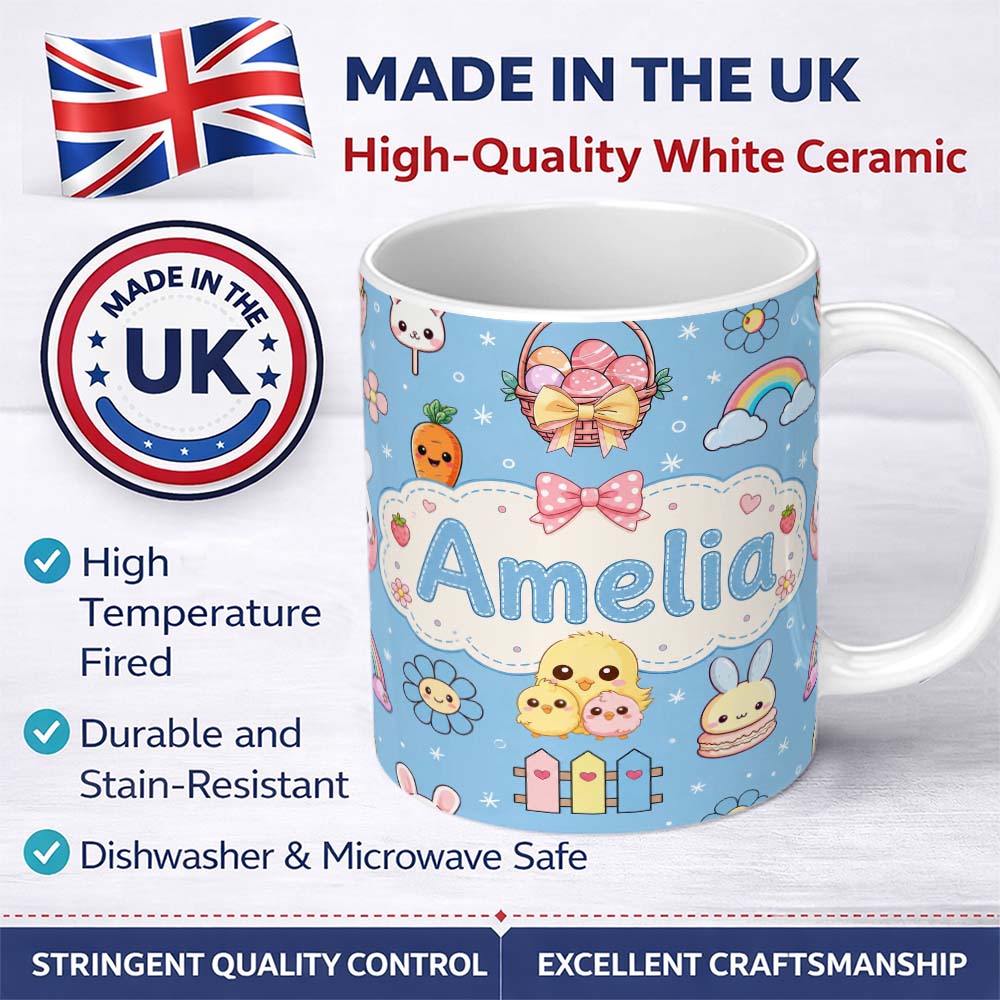 Personalized Custom Name Easter Chick Bunny Carrot Rainbow Flower Sky Blue Background 11oz Ceramic Coffee Tea Mug White Large Handle