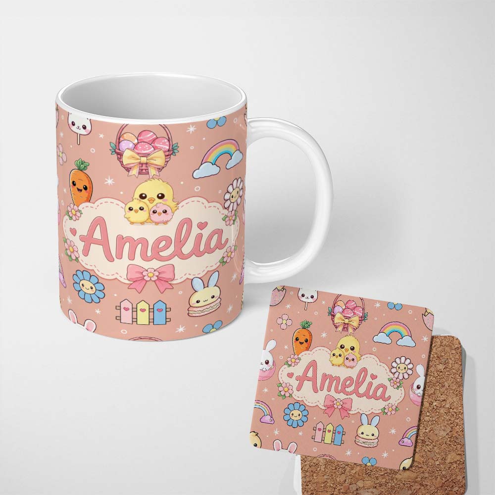Personalized Custom Name Easter Chick Bunny Carrot Rainbow Flower Peach Background Seamless 11oz Ceramic Coffee Tea Mug White Large Handle