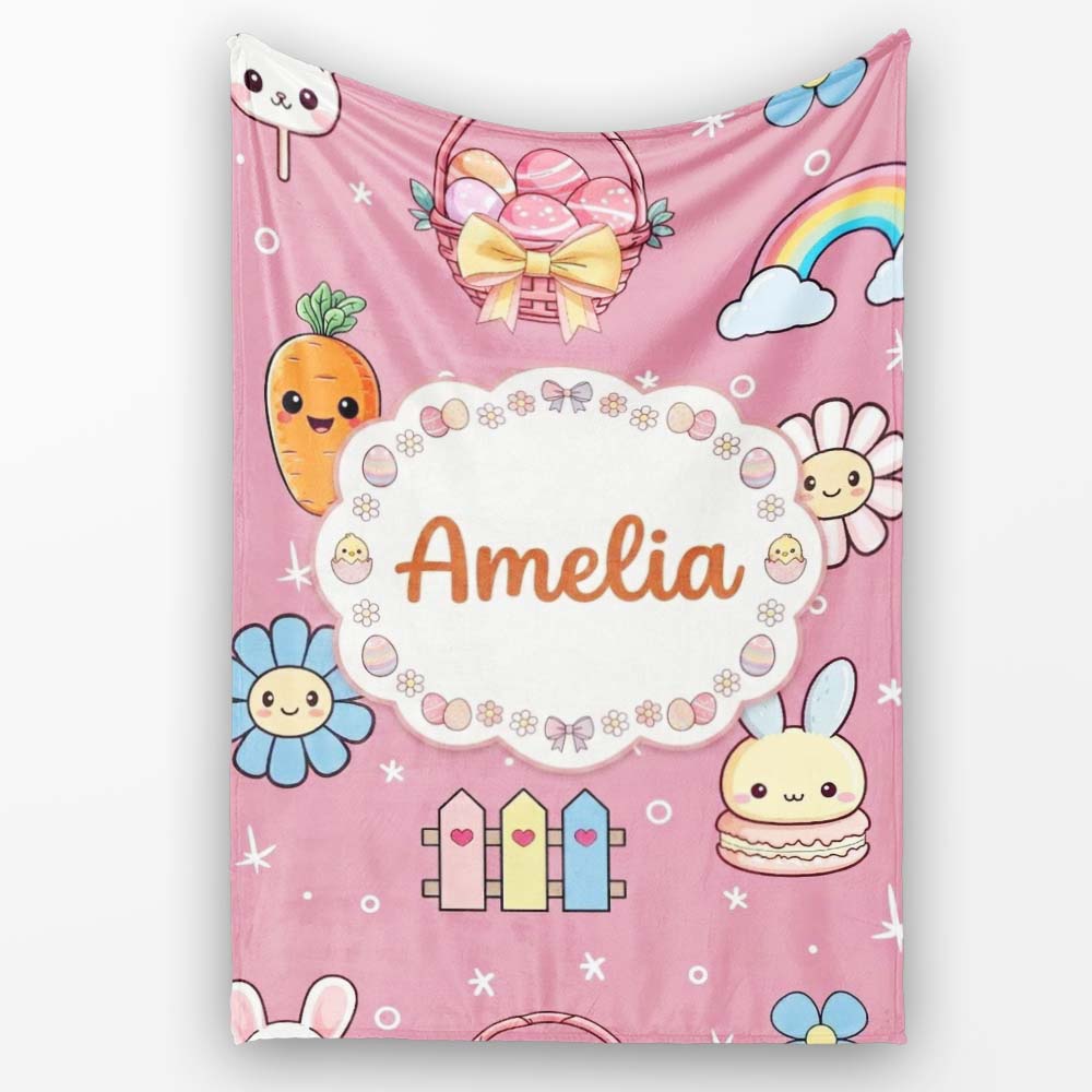 Easter Chick Bunny Carrot Rainbow Rose Pink Background Seamless Personalised Custom Name Super Soft Fleece Blanket Bed Sofa Throw