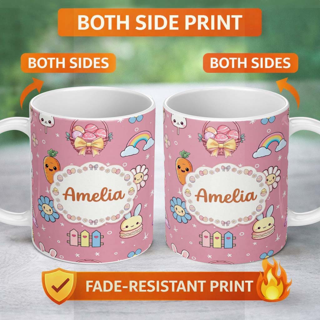 Personalized Custom Name Easter Chick Bunny Carrot Rainbow Rose Pink Background Seamless 11oz Ceramic Coffee Tea Mug White Large Handle