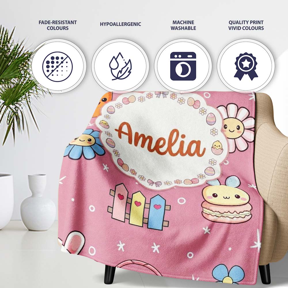 Easter Chick Bunny Carrot Rainbow Rose Pink Background Seamless Personalised Custom Name Super Soft Fleece Blanket Bed Sofa Throw