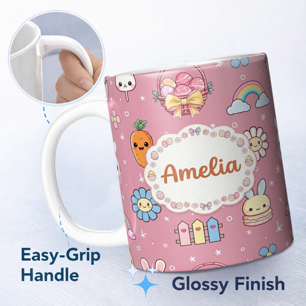 Personalized Custom Name Easter Chick Bunny Carrot Rainbow Rose Pink Background Seamless 11oz Ceramic Coffee Tea Mug White Large Handle