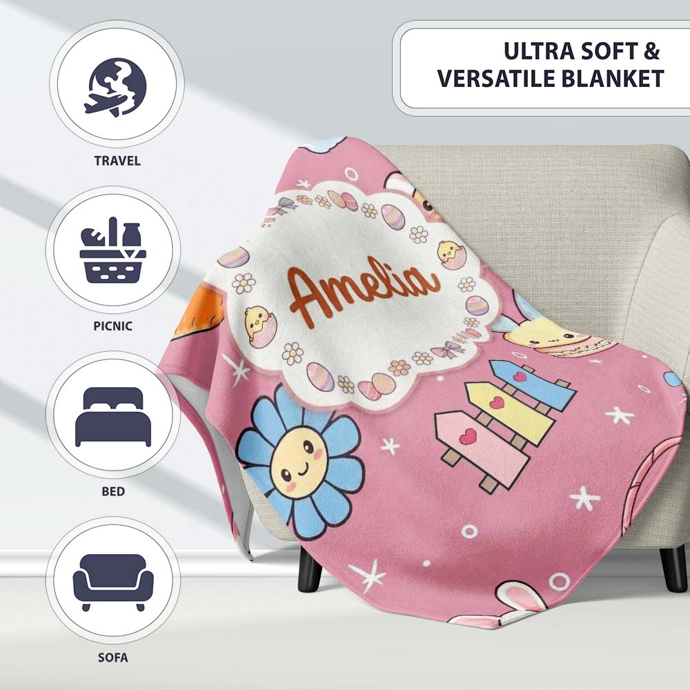 Easter Chick Bunny Carrot Rainbow Rose Pink Background Seamless Personalised Custom Name Super Soft Fleece Blanket Bed Sofa Throw
