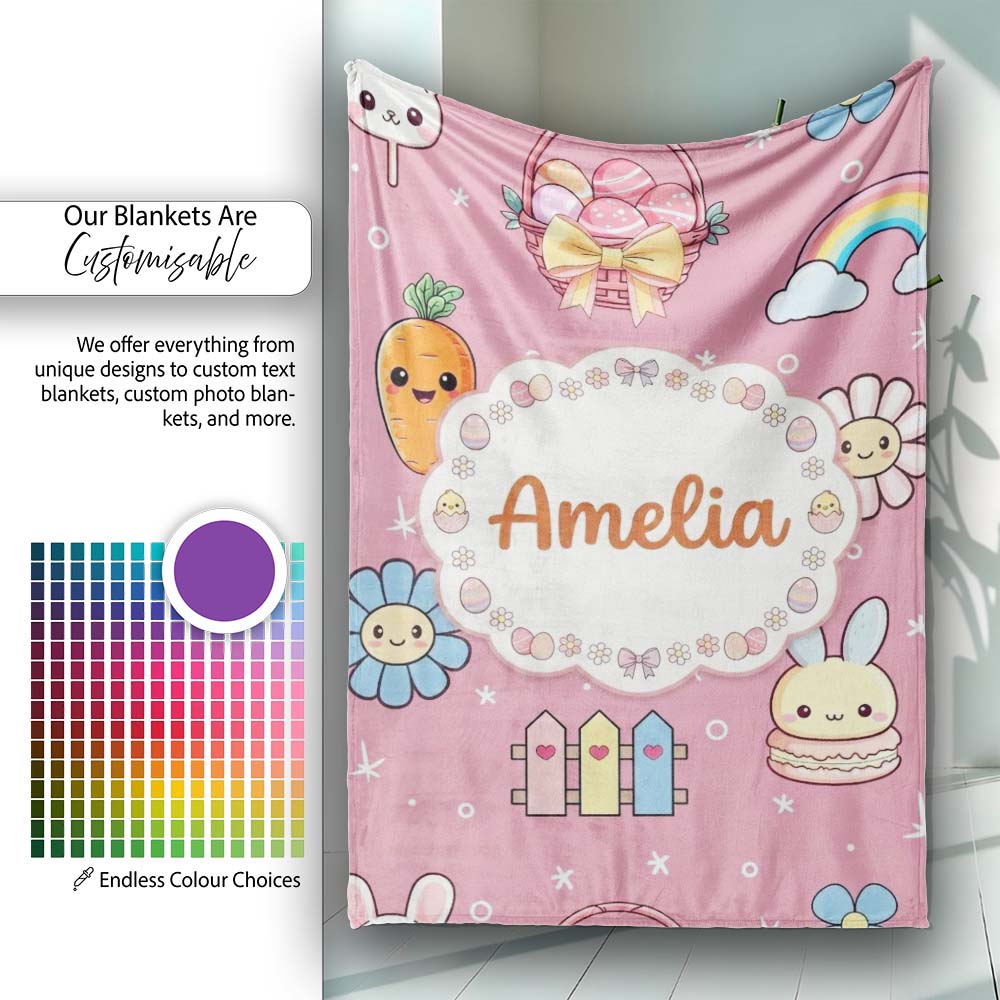 Easter Chick Bunny Carrot Rainbow Rose Pink Background Seamless Personalised Custom Name Super Soft Fleece Blanket Bed Sofa Throw