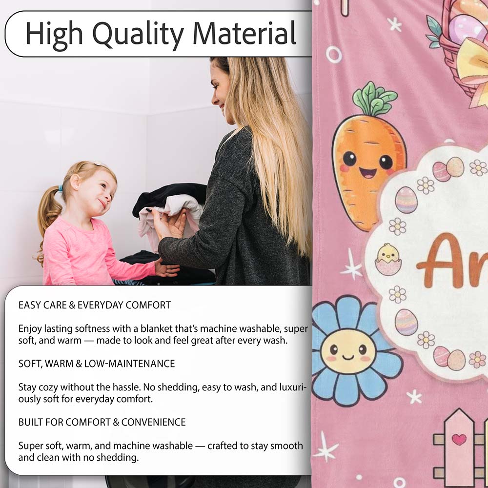 Easter Chick Bunny Carrot Rainbow Rose Pink Background Seamless Personalised Custom Name Super Soft Fleece Blanket Bed Sofa Throw