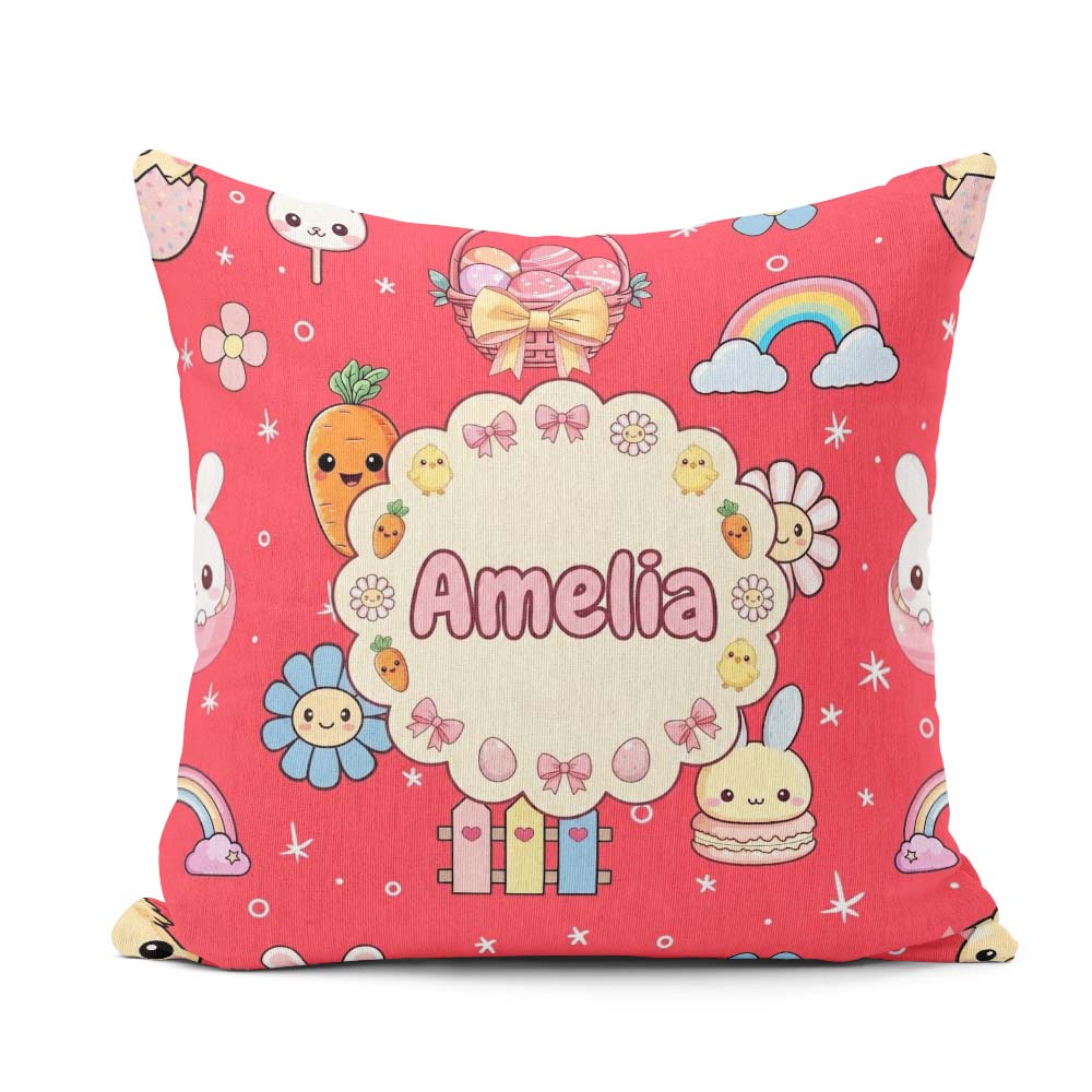 Custom Name Easter Chick Bunny Carrot Rainbow Flower Kawai Red Square Filled Cushion Throw Pillow Sofa Bed Home Decor Zip Washable UK Made
