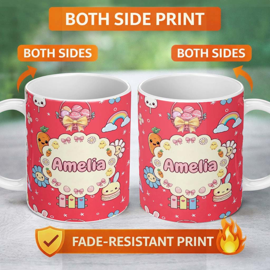 Personalized Custom Name Easter Chick Bunny Carrot Rainbow Flower Kawai Red Background 11oz Ceramic Coffee Tea Mug White Large Handle