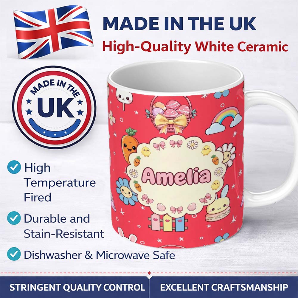 Personalized Custom Name Easter Chick Bunny Carrot Rainbow Flower Kawai Red Background 11oz Ceramic Coffee Tea Mug White Large Handle