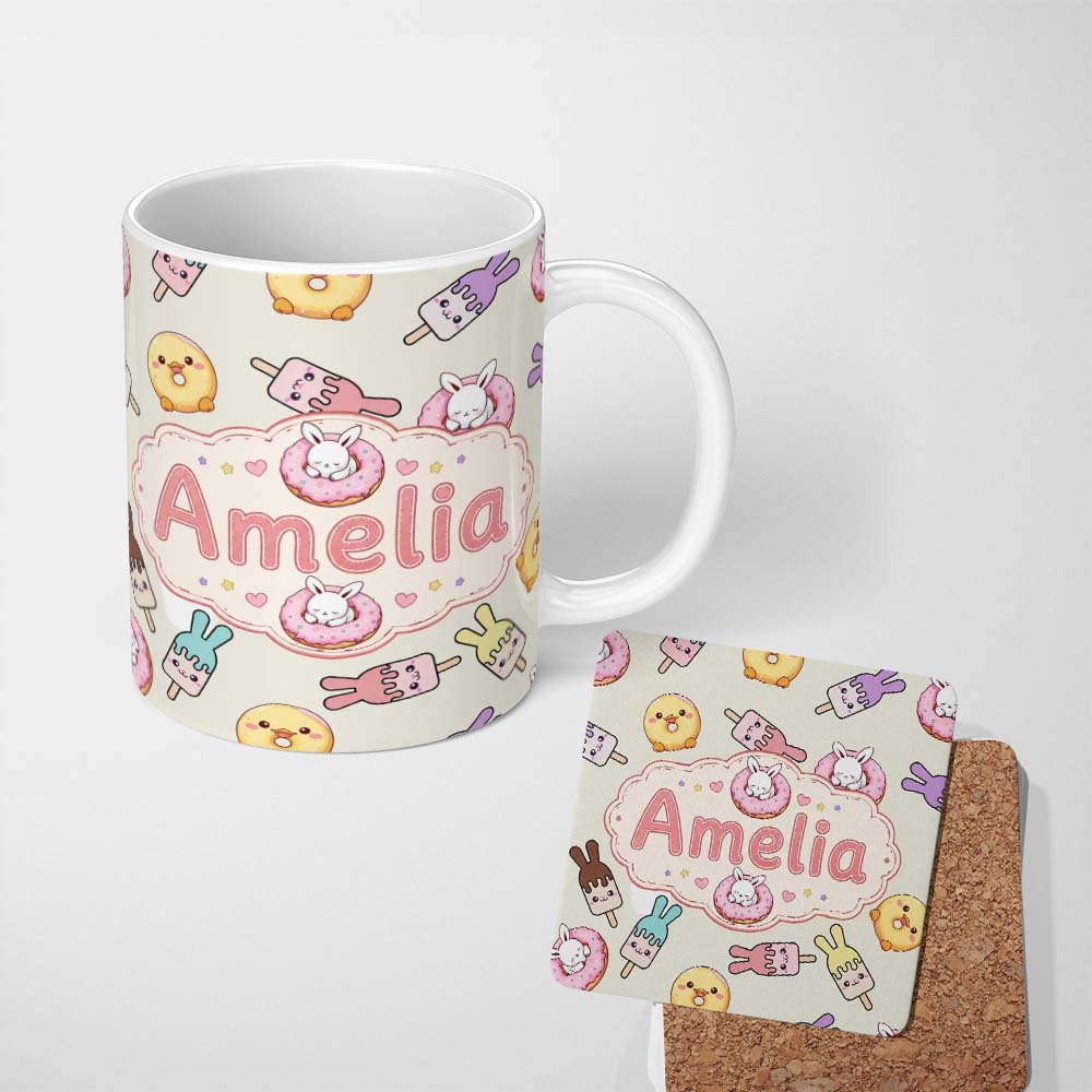 Personalized Custom Name Cute Easter Bunny Ice Cream Donut Chick Kawaii Background Seamless 11oz Ceramic Coffee Tea Mug White Large Handle