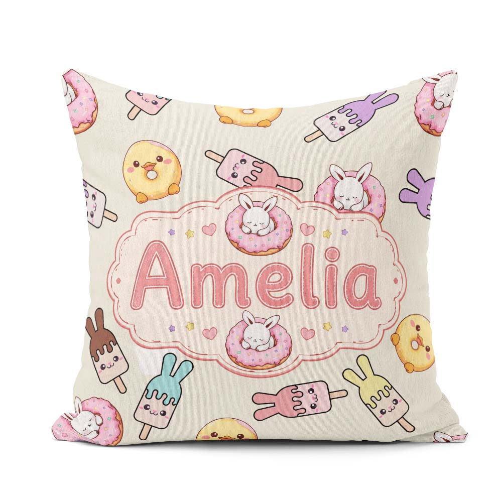 Custom Name Easter Bunny Ice Cream Donut Chick Kawaii Background Square Filled Cushion Throw Pillow Sofa Bed Home Decor Zip Washable UK Made