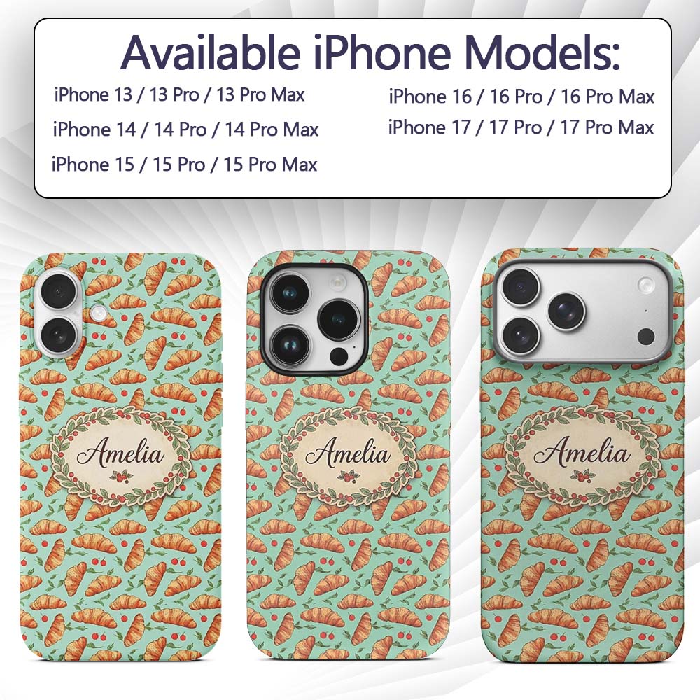 Hand Drawn Croissant Cherry Leaf Seamless Pattern Custom Name Protective Phone Case Mobile Cover Durable Everyday Smartphone Shock Resistant