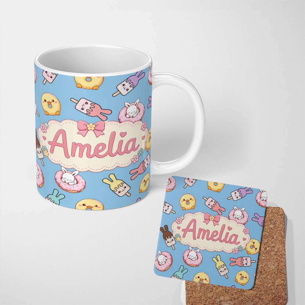 Personalized Custom Name Cute Easter Bunny Ice Cream Donut Chick Kawaii Blue Background 11oz Ceramic Coffee Tea Mug White Large Handle