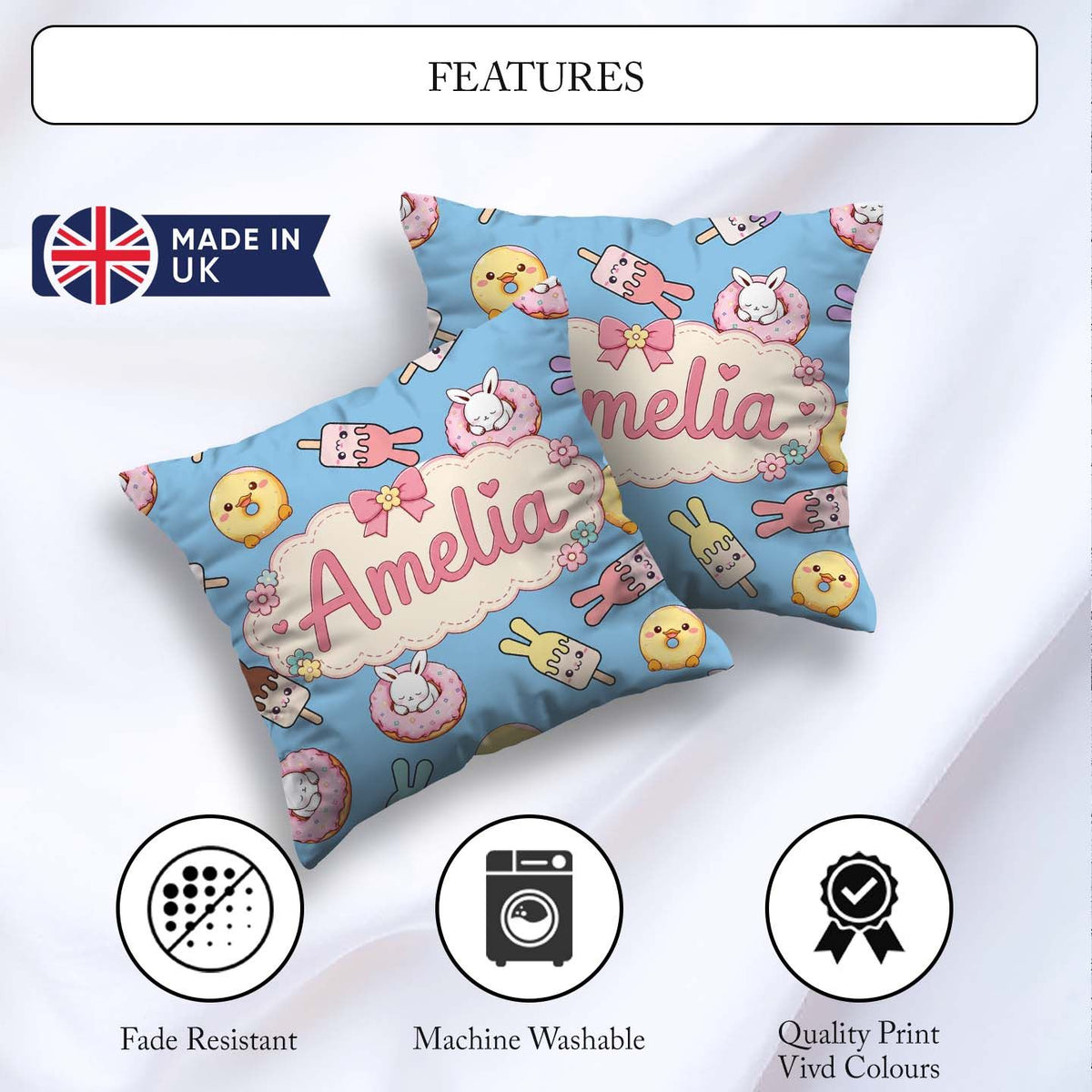 Custom Name Cute Easter Bunny Ice Cream Donut Chick Kawaii Blue Square Filled Cushion Throw Pillow Sofa Bed Home Decor Zip Washable UK Made