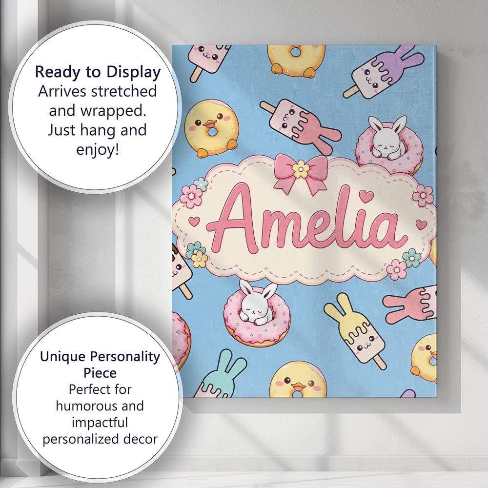 Personalised Name Cute Easter Bunny Ice Custom Modern Room Accent Elegant Feature Canvas Wall Art Print Decor Picture Ready to Hang