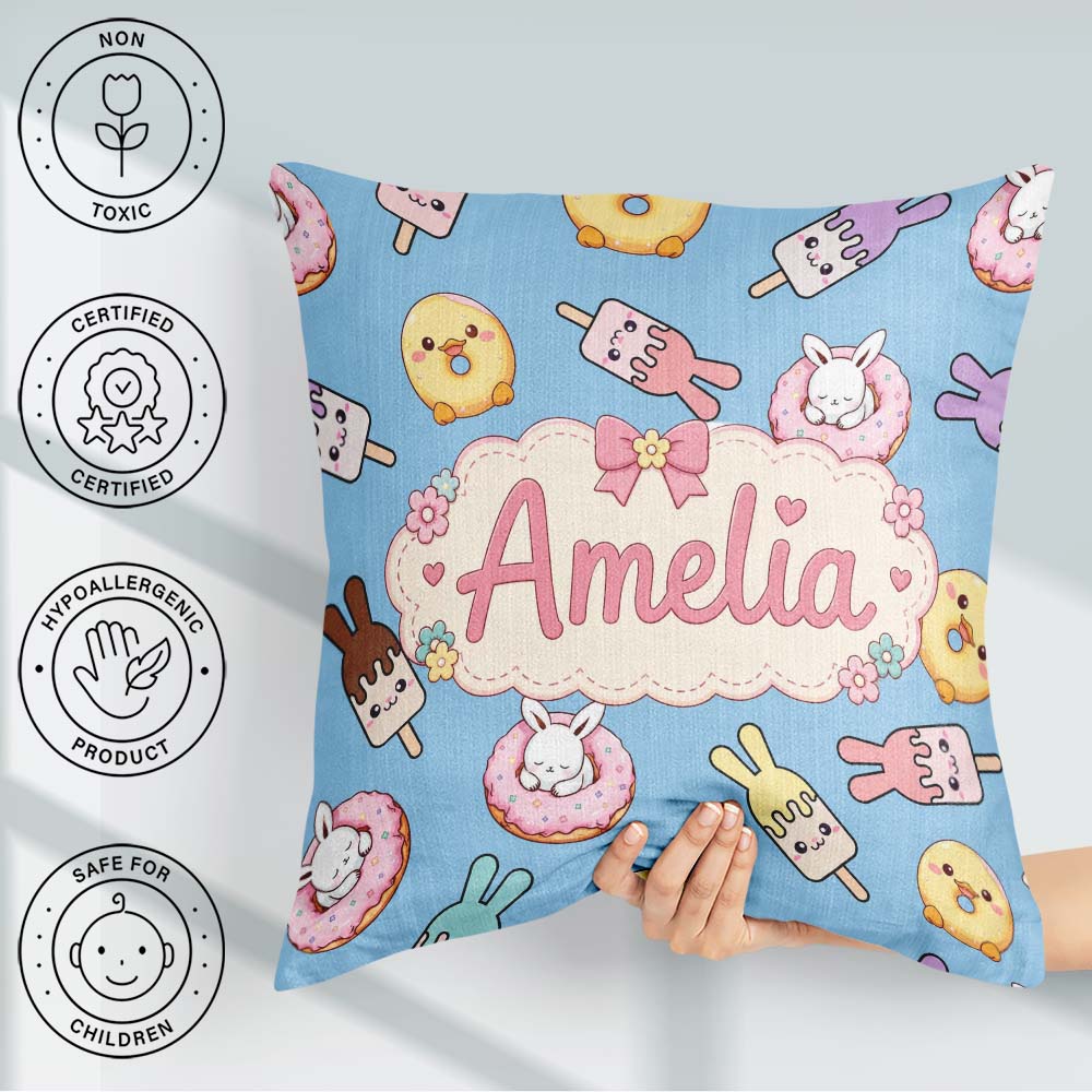 Custom Name Cute Easter Bunny Ice Cream Donut Chick Kawaii Blue Square Filled Cushion Throw Pillow Sofa Bed Home Decor Zip Washable UK Made