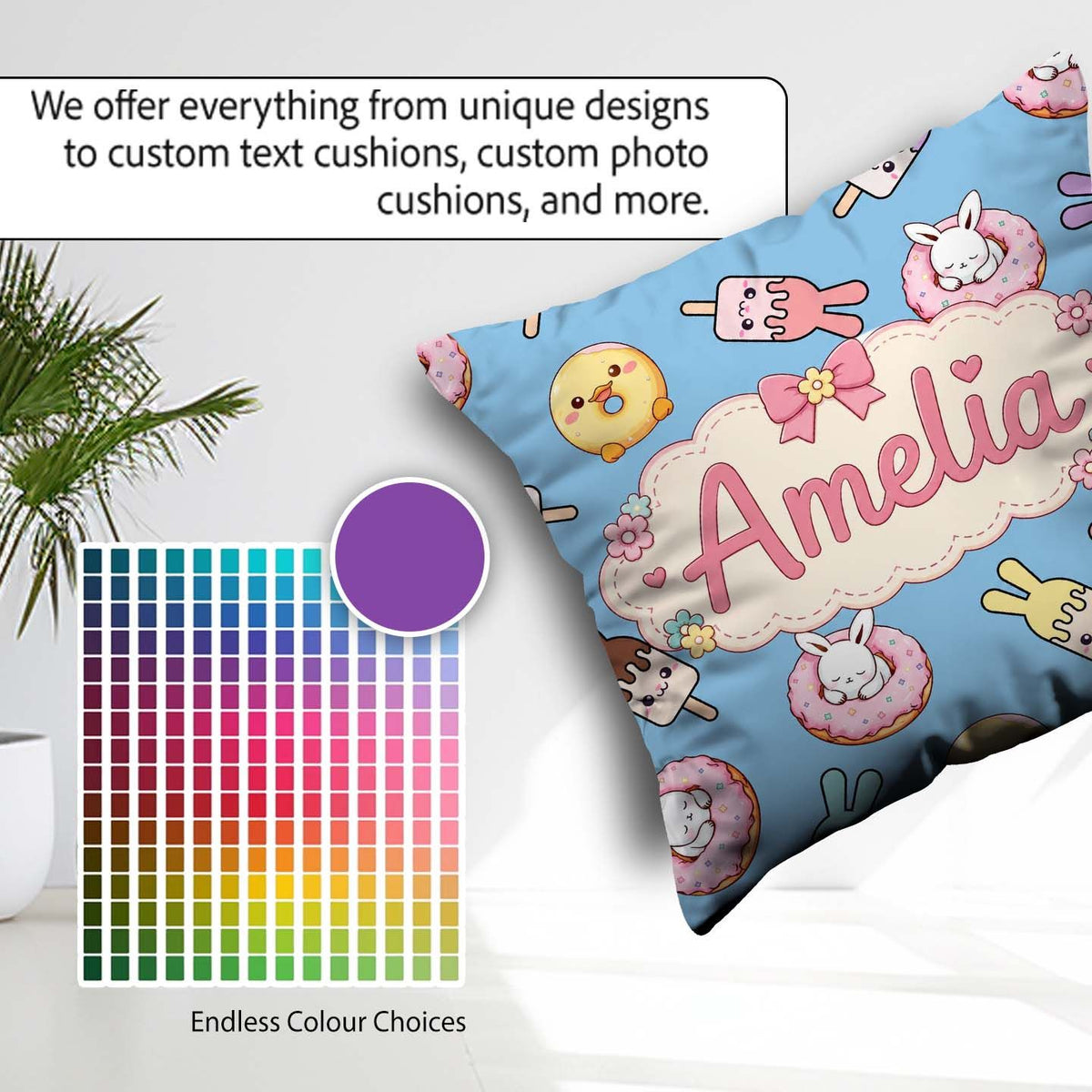 Custom Name Cute Easter Bunny Ice Cream Donut Chick Kawaii Blue Square Filled Cushion Throw Pillow Sofa Bed Home Decor Zip Washable UK Made