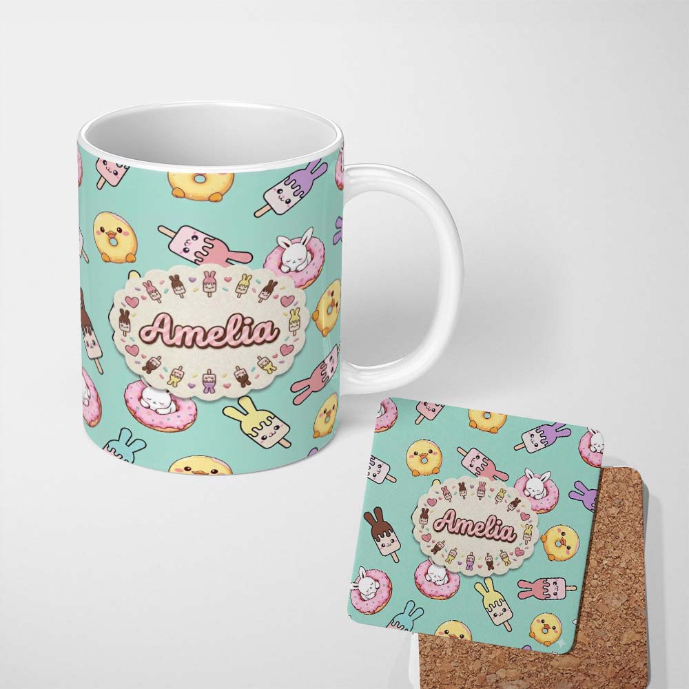 Personalized Custom Name Cute Easter Bunny Ice Cream Donut Chick Kawaii Mint Background 11oz Ceramic Coffee Tea Mug White Large Handle