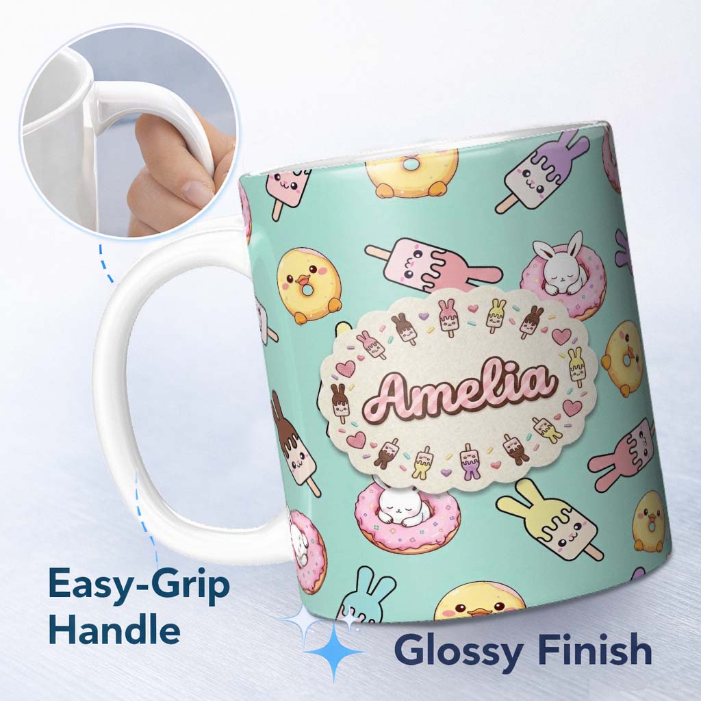 Personalized Custom Name Cute Easter Bunny Ice Cream Donut Chick Kawaii Mint Background 11oz Ceramic Coffee Tea Mug White Large Handle