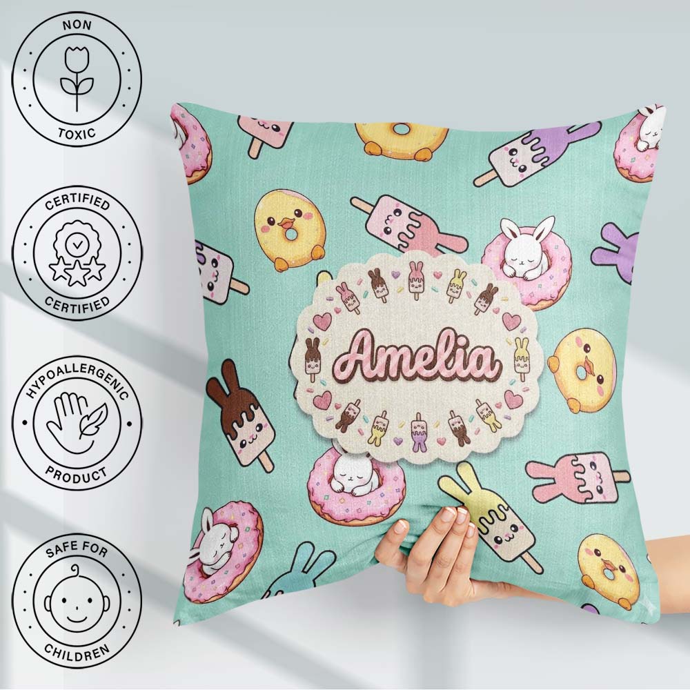 Custom Name Cute Easter Bunny Ice Cream Donut Chick Kawaii Mint Square Filled Cushion Throw Pillow Sofa Bed Home Decor Zip Washable UK Made
