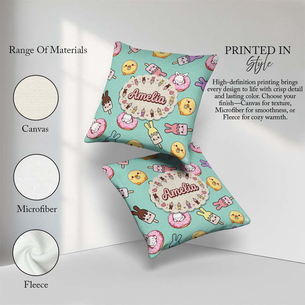Custom Name Cute Easter Bunny Ice Cream Donut Chick Kawaii Mint Square Filled Cushion Throw Pillow Sofa Bed Home Decor Zip Washable UK Made