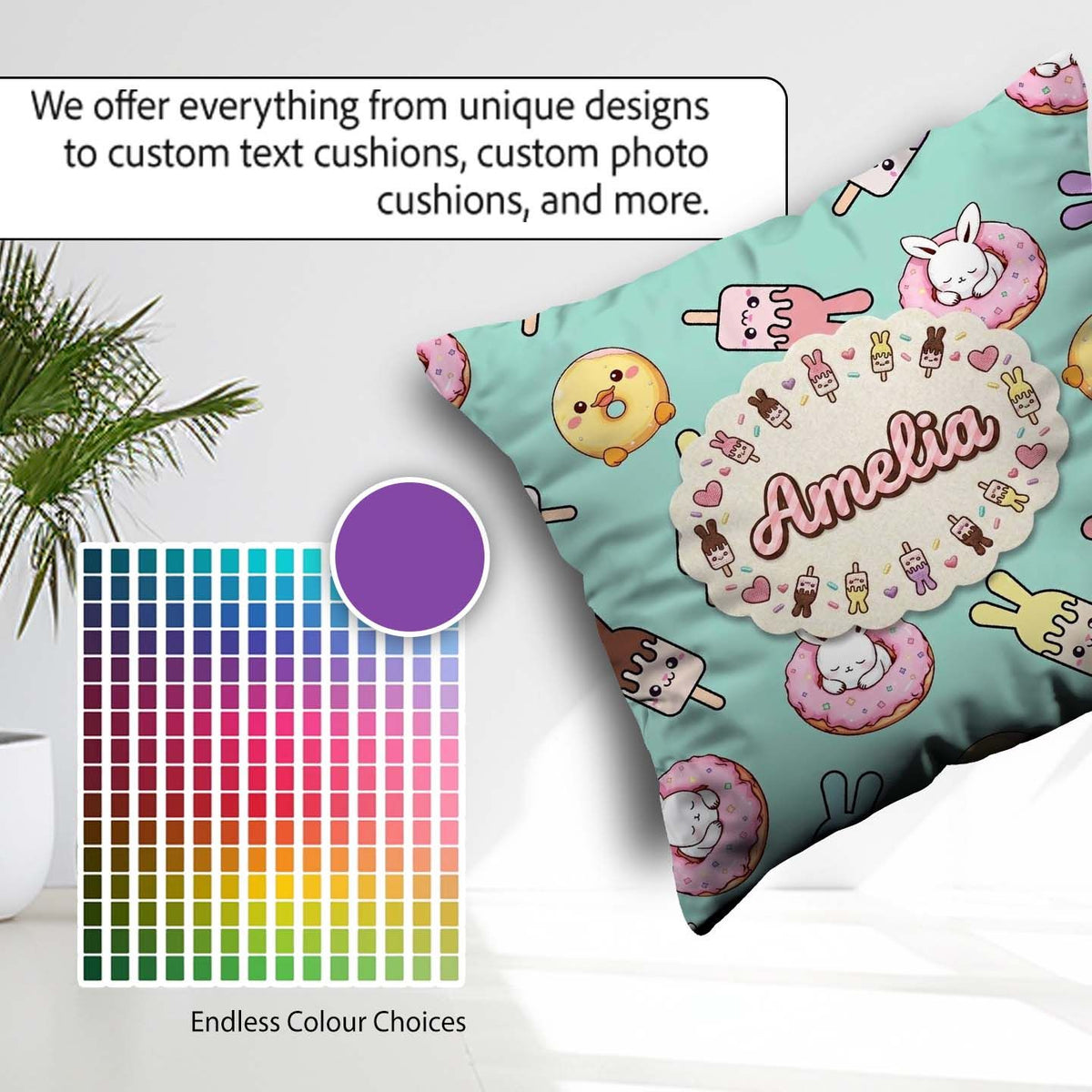 Custom Name Cute Easter Bunny Ice Cream Donut Chick Kawaii Mint Square Filled Cushion Throw Pillow Sofa Bed Home Decor Zip Washable UK Made