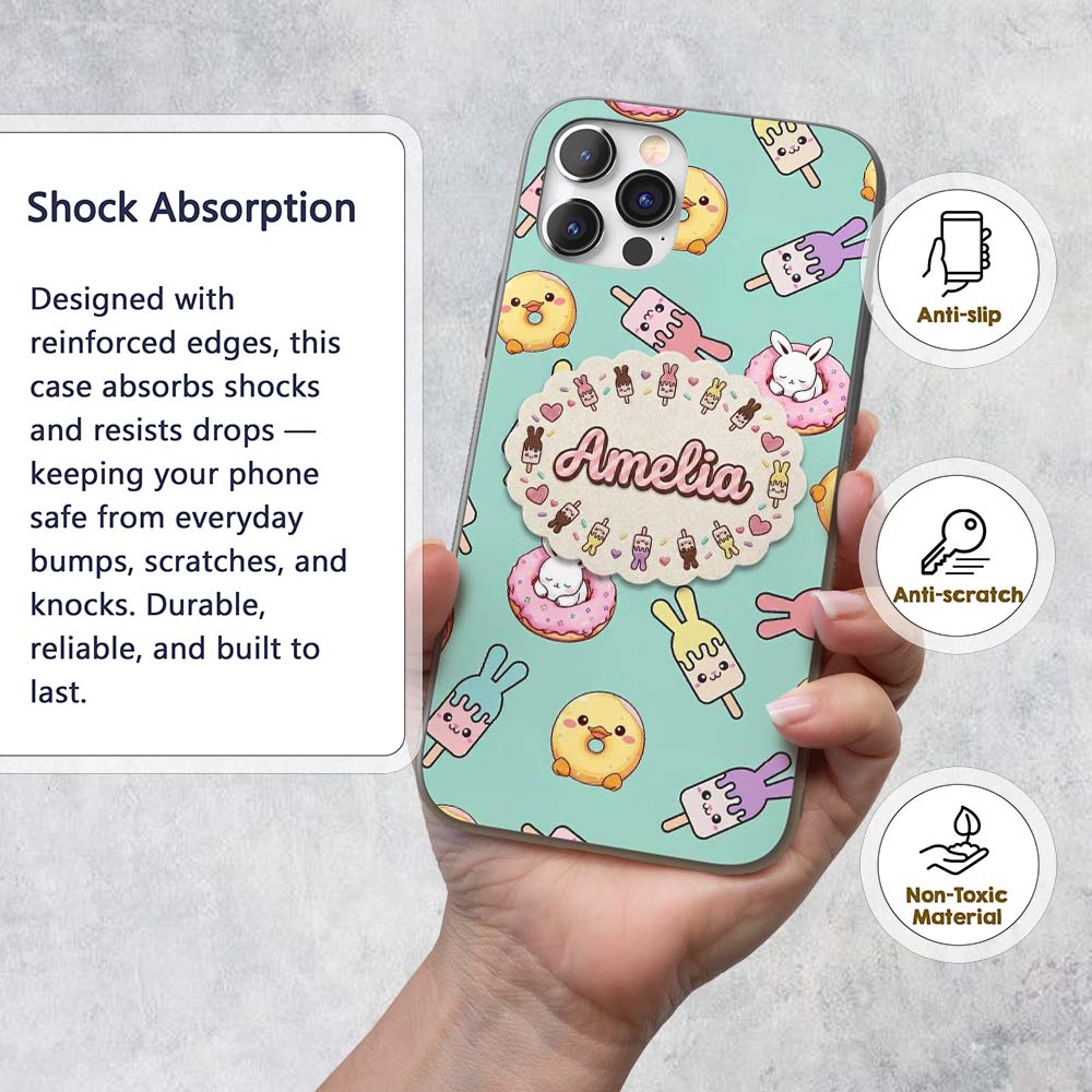 Cute Easter Bunny Ice Cream Donut Chick Kawaii Custom Name Protective Phone Case Mobile Cover Durable Everyday Smartphone Shock Resistant