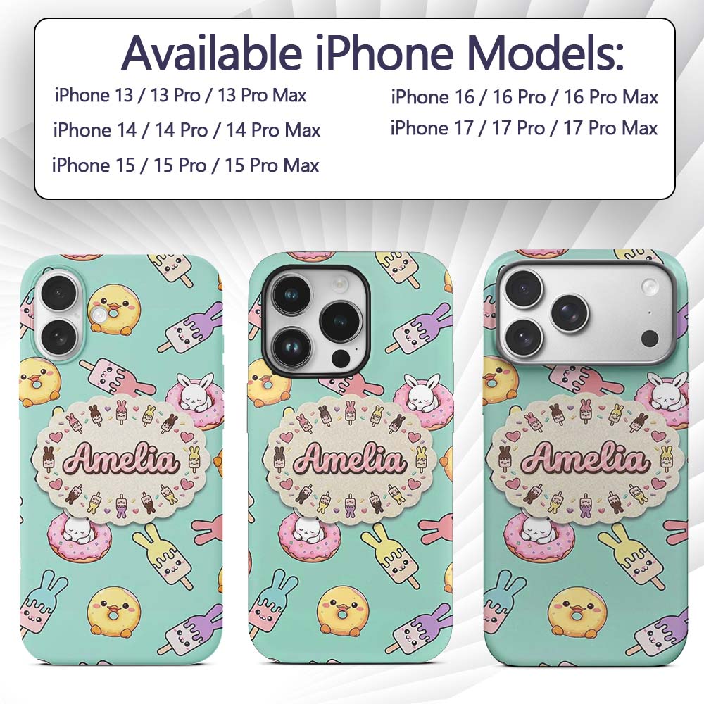 Cute Easter Bunny Ice Cream Donut Chick Kawaii Custom Name Protective Phone Case Mobile Cover Durable Everyday Smartphone Shock Resistant
